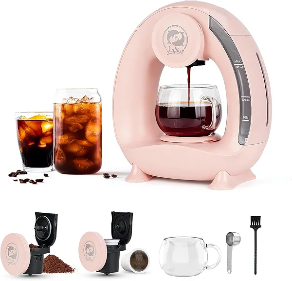 i Cafilas Single Serve Coffee Maker,Fast Brew in 2 minutes,Stylish＆Compact Design,MINI Q 2 IN 1 Coffee Machines for K*cup Capsules & Ground Coffee, Pink Coffee maker