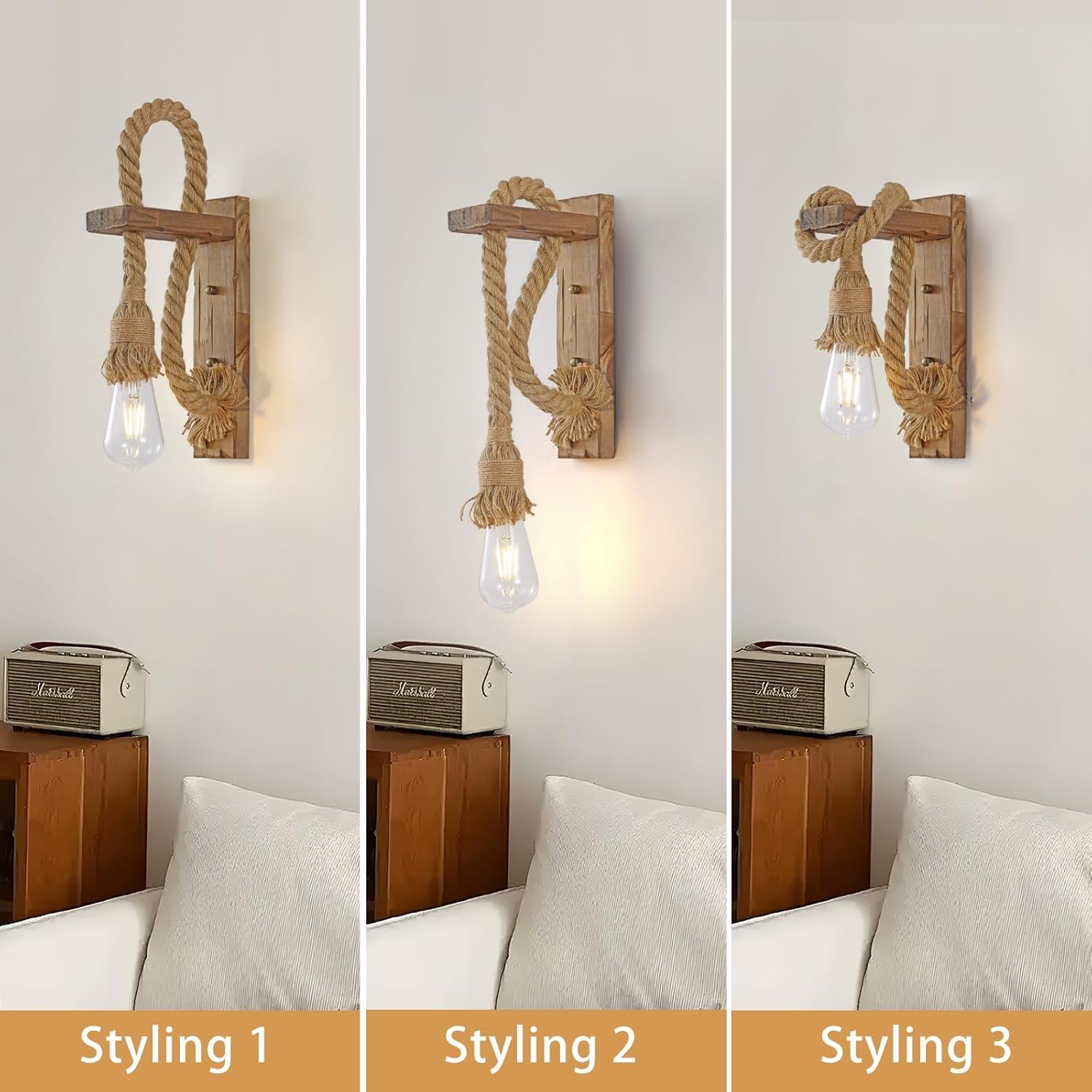 KEESFU Rustic Wall Sconce Set of 2, Farmhouse Wood & Jute Rope Wall Light, Adjustable Height Wall Mount Fixture for Bedroom, Hallway, Entryway, Living Room