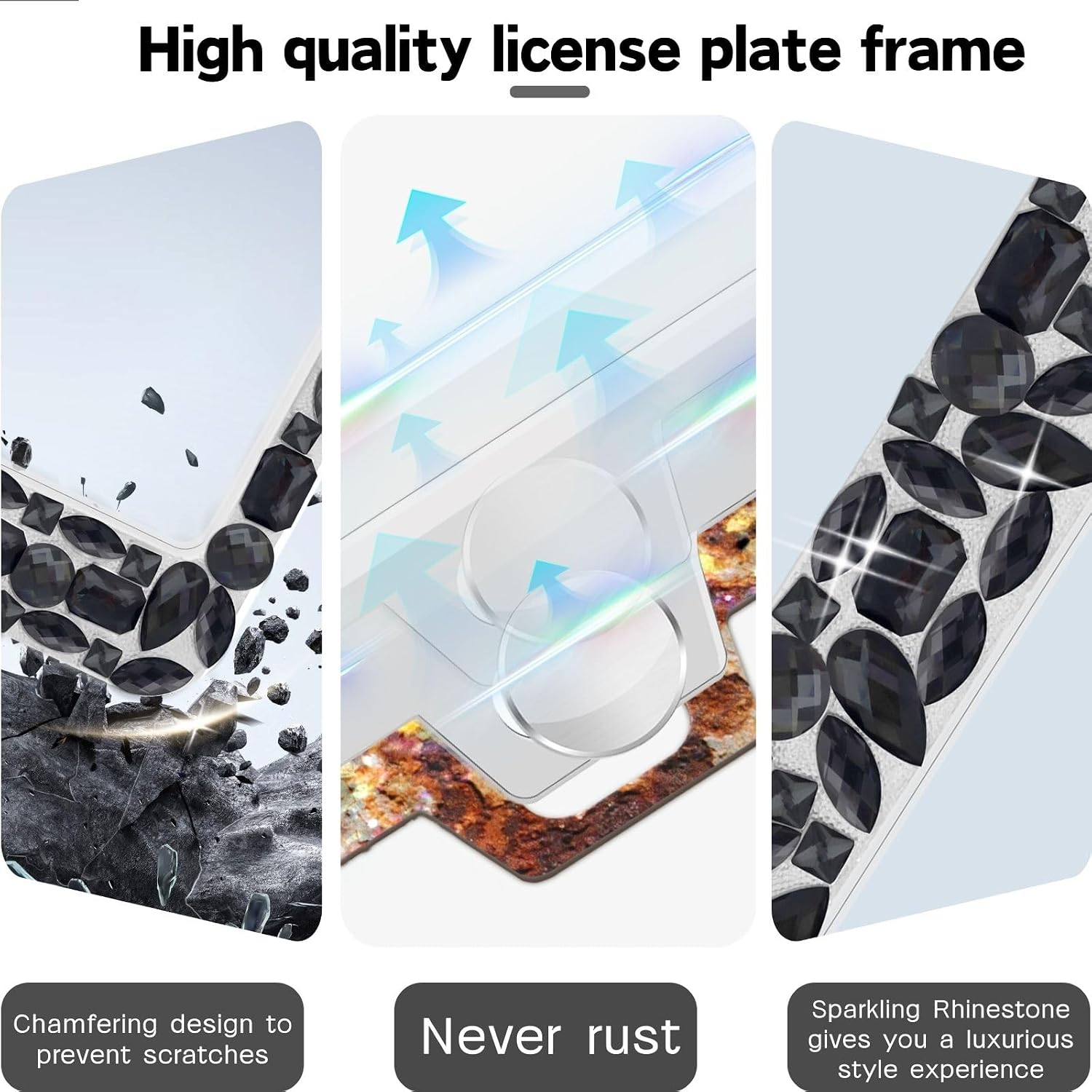 2 Pcs Black Gray Sparkly License Plate Frames for Women Rhinestone Cover image 4