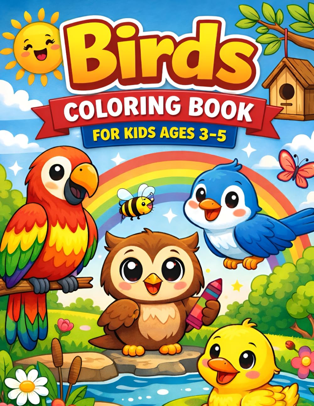 Birds Coloring Book for Kids Ages 3-5: Cute and Easy Bird Coloring Pages for Toddlers and Preschoolers: Fun Parrot, Owl, Flamingo, Penguin, Eagle and ... Animal Coloring Book for Boys and Girls