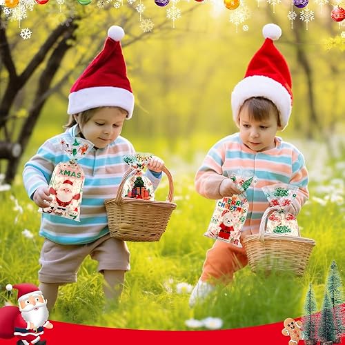 Miniatura 7 de Bolsas de regalo de Navidad, 100 bolsas de celofán de Navidad, bolsa de plástico transparente para dulces de Navidad con 100 lazos giratorios para