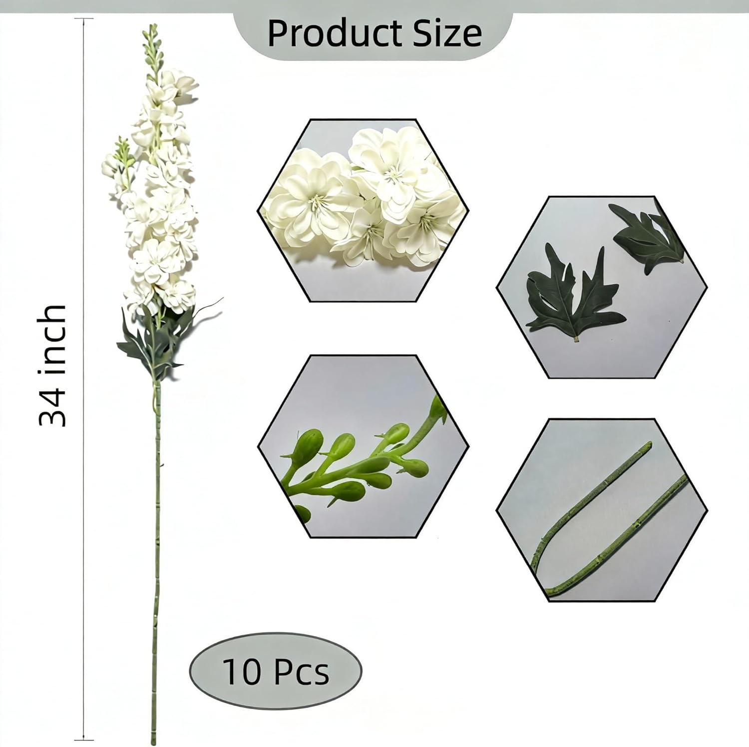 10 Pcs Faux Flowers for Vase 34" Delphinium Artificial Flowers, Long Stem Silk Fake Flowers Bulk for Wedding, Party, Home, Living Room, Bedroom, Courtyard Décor (White)