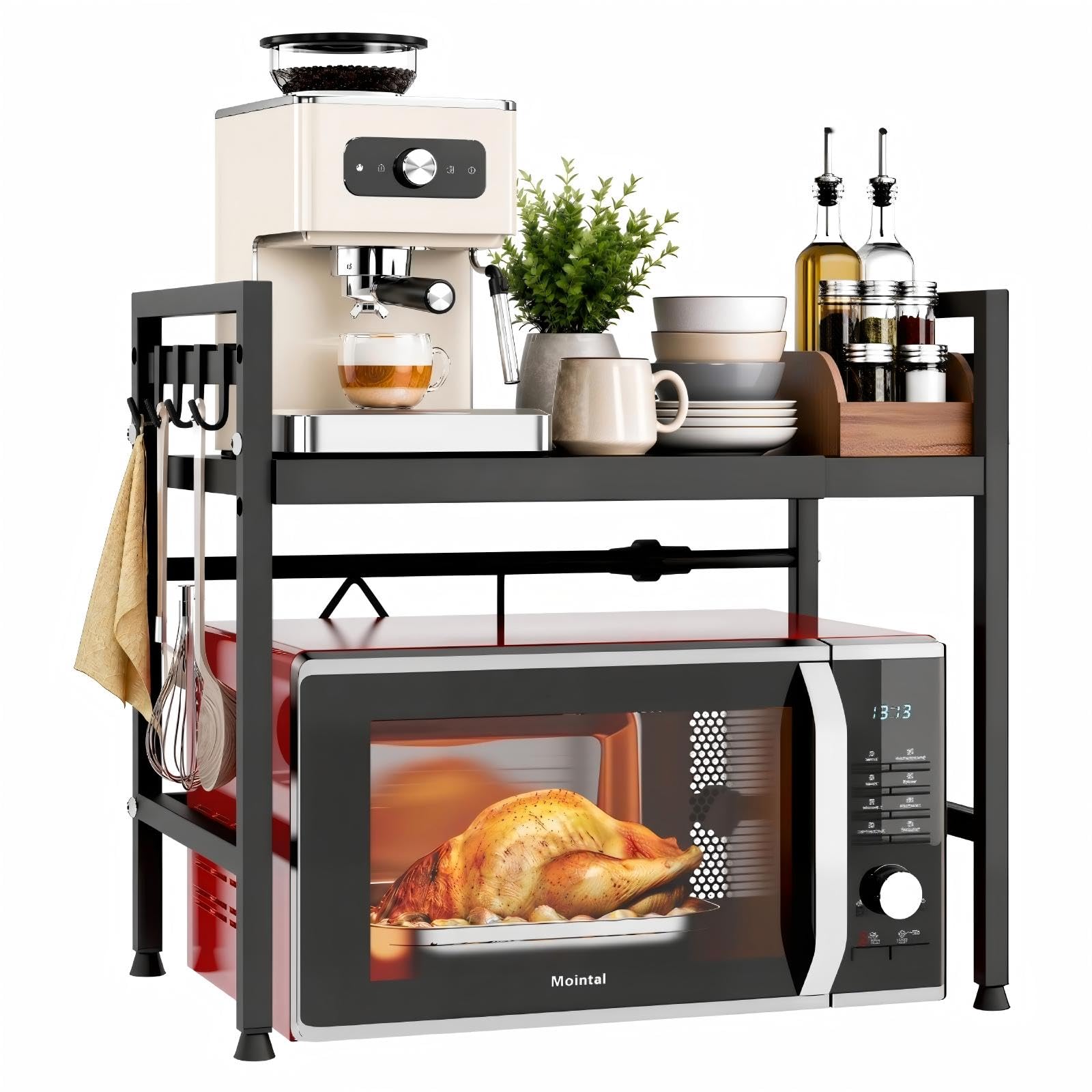 Estante Extensible para Microondas, Estante de 2 Niveles para Microondas, Soporte de Acero al Carbono para Microondas, Organizador de Almacenaje de Cocina con 8 Ganchos, Negro