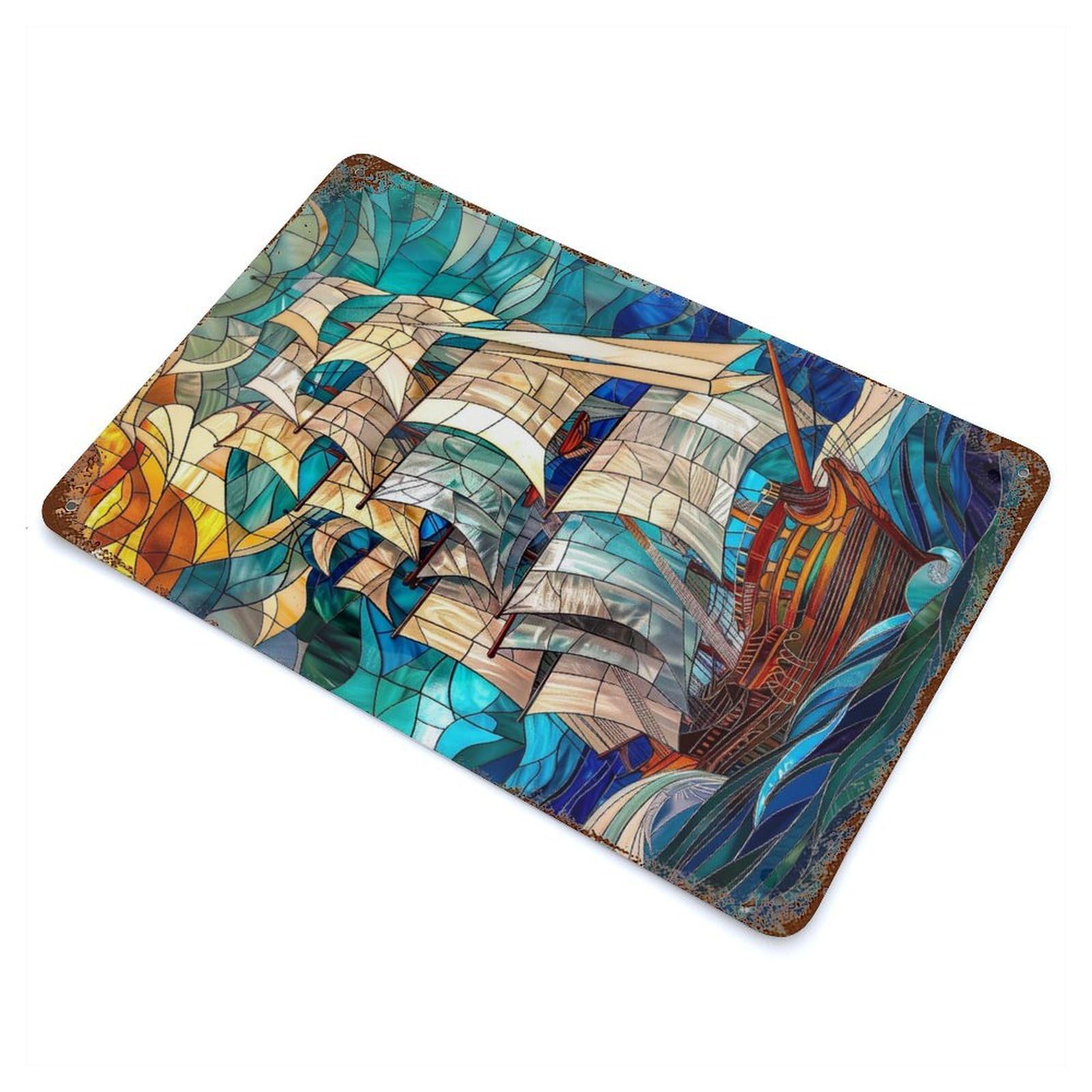 Garage Style Stained Glass Pirate Ship Rust Effect Tin Sign 11.8"x7.9", Industrial Home Decor for Bar And Workshop