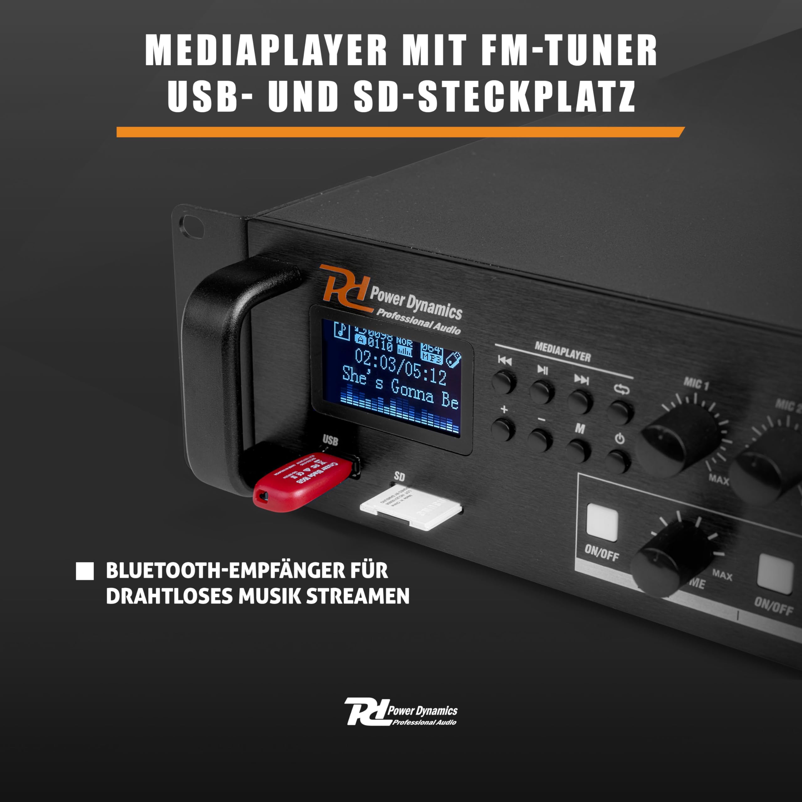 Power Dynamics PDV120MP3-4 Zonen Receiver 120 Watt, PA Verstärker mit Bluetooth, MP3, USB, SD & UKW Radio, 3x Mikrofon Anschluss, Karaoke, 3x Audio Eingang, 100 Volt System - Schwarz