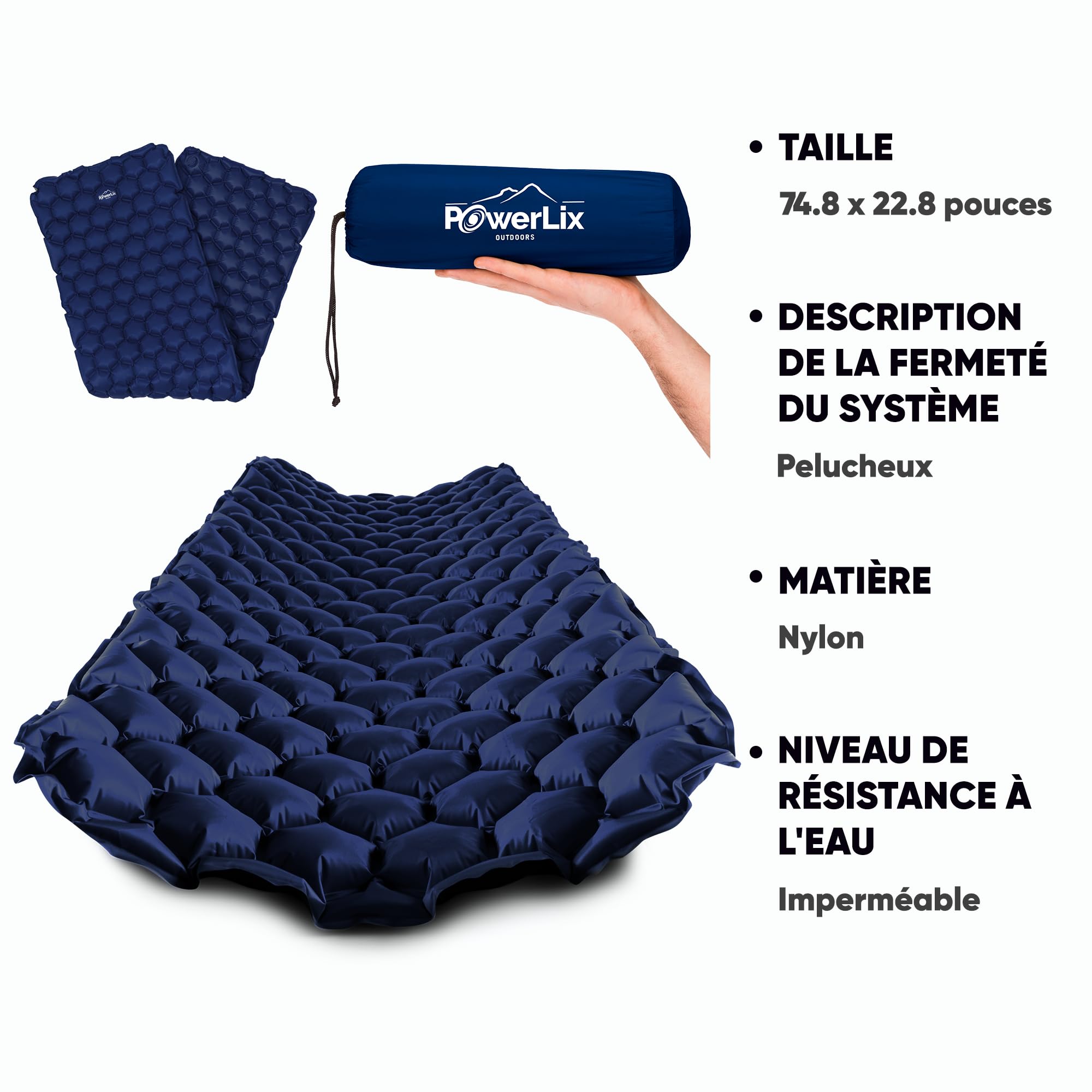 POWERLIX Tapis de Couchage Gonflable Ultra léger, idéal pour Le Camping, Le Sac à Dos, la randonnée – Airpad, Sac de gonflage, Sac de Transport, kit de réparation Bleu Marine