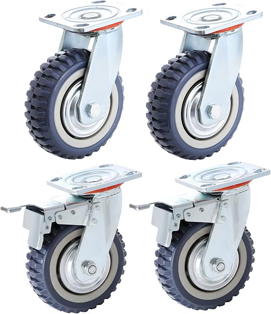 BWKJMY 8 inch Caster Wheels Heavy Duty Industrial Plate Casters Set 4pcs Anti-Slip Rubber Swivel Caster with 360 Degree Ball Bearing Top Plate 2PCS Locking Swivel Casters 2PCS Without Brake