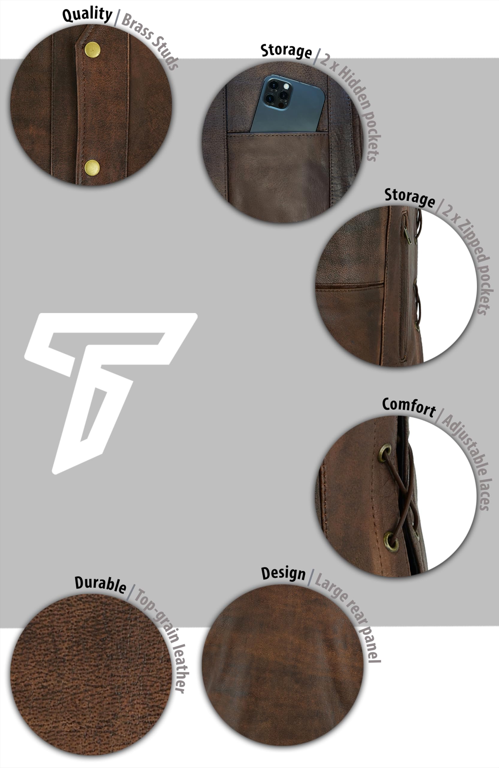 Texpeed Chaleco de cuero para moto - Cuero de motocicleta para hombre - Bolsillos con cremallera originales de motorista/Ajuste de chaleco con lados trenzados
