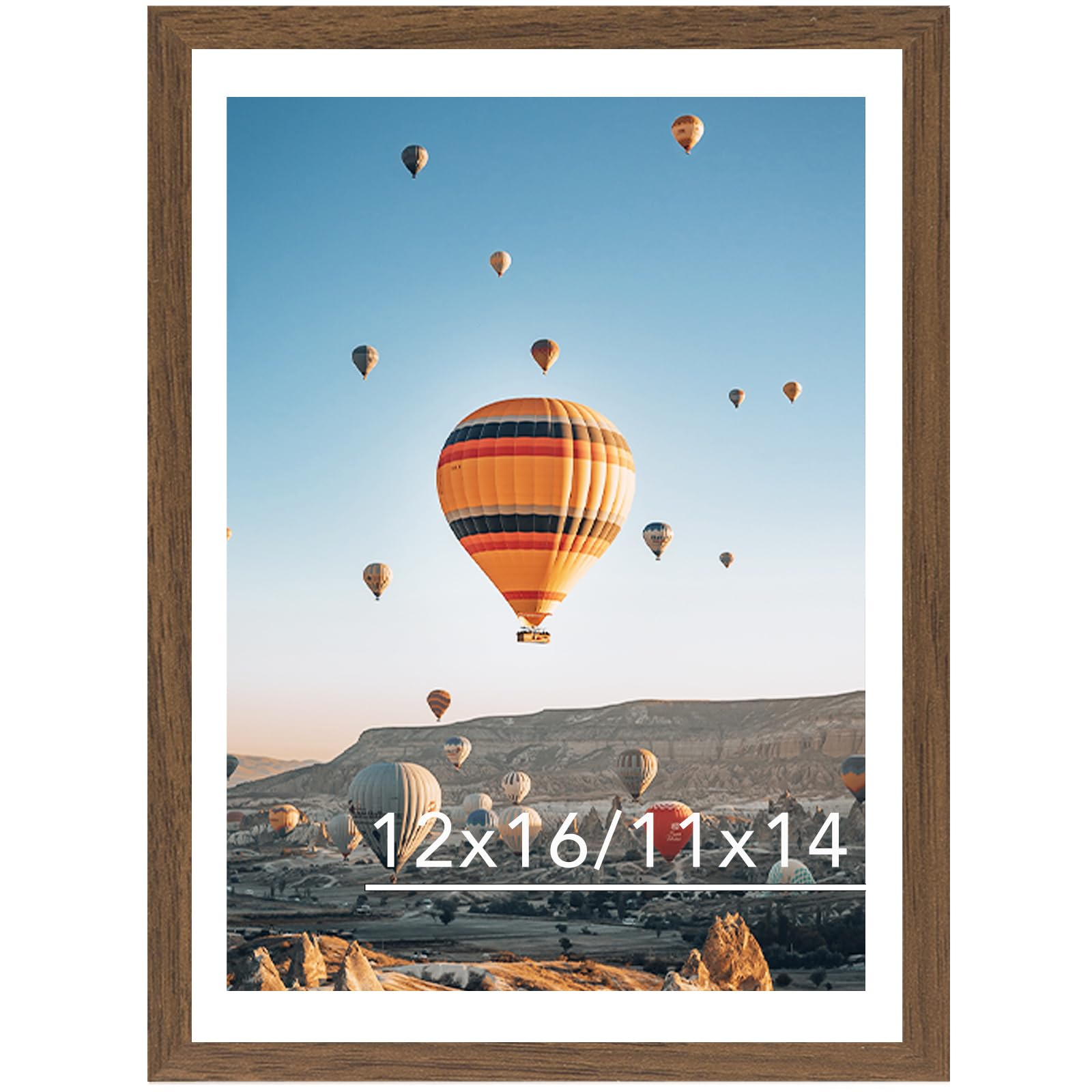 JCJMY 12x16 Picture Frame Brown with 11x14 Mat, Display Photo 11x14 with Mat or 12 x 16 Without Mat, Wall Hanging Large Frame with Plexiglass, Brown