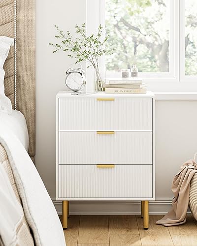 Nightstand with 3 Drawers,Fluted Bedside Table with Gold Frame,25.7" H