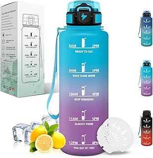 Motswedi Botella agua 1.5 litro, a Prueba de Fugas, Botella de agua Deportiva, Reutilizable, Cantimplora, con Filtro, con Marcador de Tiempo, para Gym, Bicicleta, Yoga el Camping, Azul & Morado