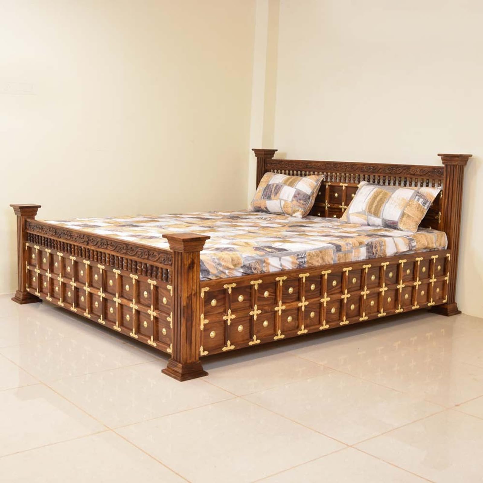 Solid Sheesham Wood King Size Bed with Storage | Wooden Box Storage Bed with Balustrade Detailing On Bed | Bed for Bedroom| Hotel Room | Finish Color - Natural Finish |-image-25