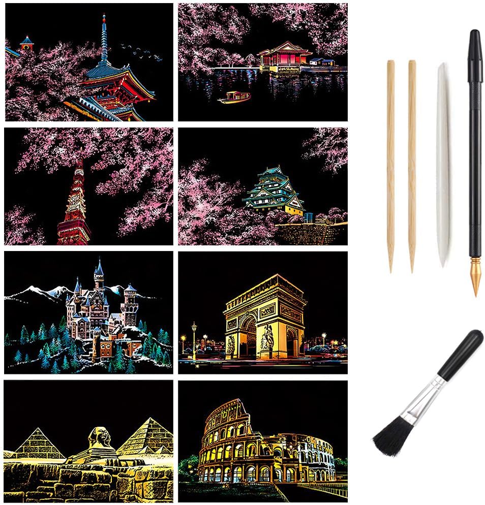 Scratch Art Paper, Rainbow Night View Scratchboard for Adults & Kids, Mini Envelope Postcard Art & Crafts Set: 8 Sheets Scratch Cards & Scratch Drawing Pen, Brush 7.9"x5.5" (Building / Cherry Blossom)