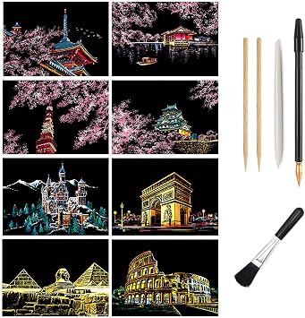 Scratch Art Paper, Rainbow Night View Scratchboard for Adults & Kids, Mini Envelope Postcard Art & Crafts Set 8 Sheets Scratch Cards & Scratch Drawing Pen, Brush 7.9"x5.5" Building / Cherry Blossom