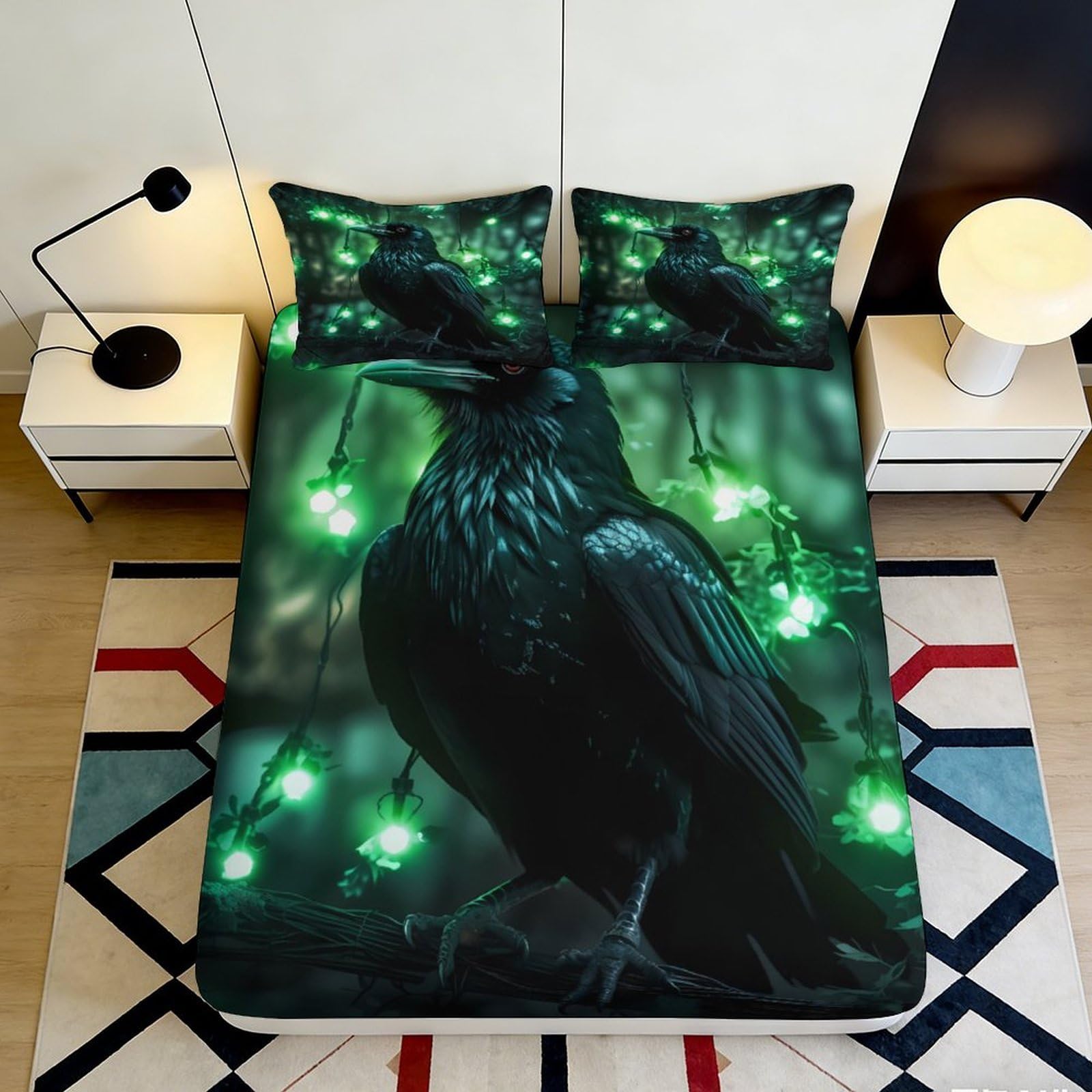 Uxinyoume Style-1 3D Printed Raven Night Forest Fitted Sheet Microfiber Soft Deep Green Bed Cover For Bedroom Dorm Mattress Decor 90X200x25cm
