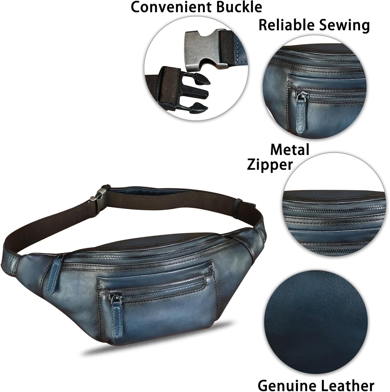 Genuine Leather Fanny Pack for Men and Women Vintage Handmade Leather Waist Bag Sling Bag Sling Backpack Purse Hip Crossbody Bag (Blue) - Image 6