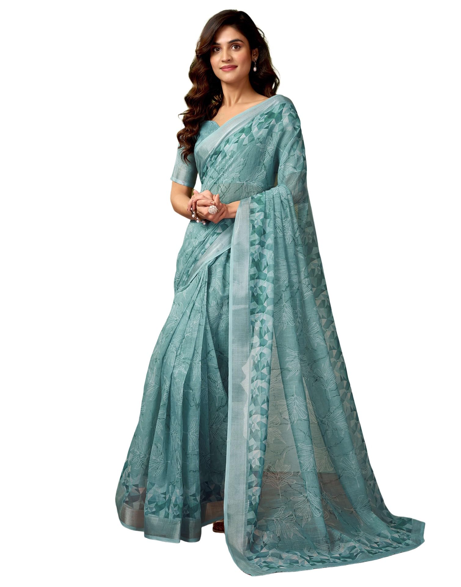 siril Women's Cotton Linen Printed Readymade Saree 1 Minute Ready to Wear Saree With Unstitched Blouse Piece-picture-29