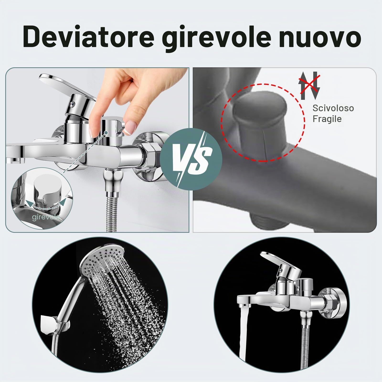 Rubinetto per vasca da bagno con doccetta, miscelatore per vasca da bagno cromato, con soffione doccia a 3 funzioni, in ottone per doccia, montaggio a parete 150 mm