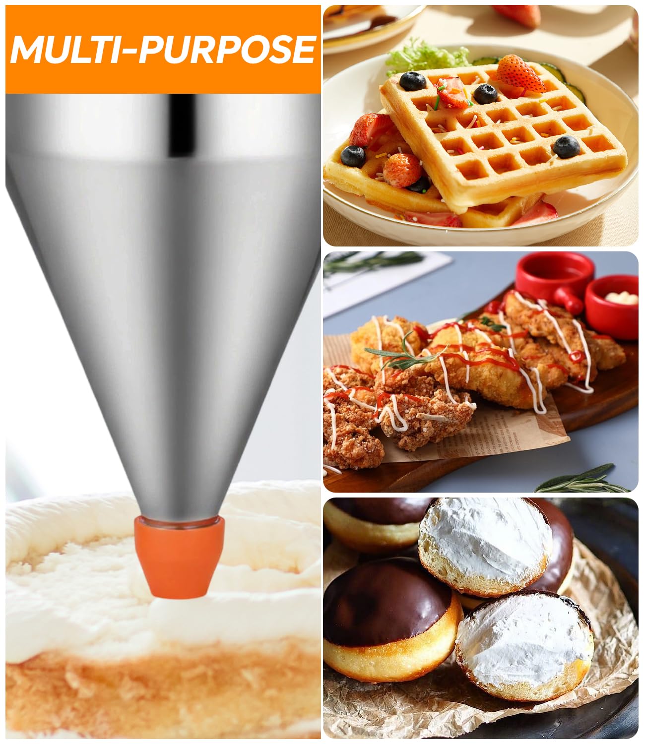 Imbuto Cucina, 600ml Imbuto per Pasticceria da Cucina in Acciaio Inox, Dosatore per Impasti con Supporto e 4 beccucci in silicone per Torte, Frittelle, Dessert, Waffle, Muffin