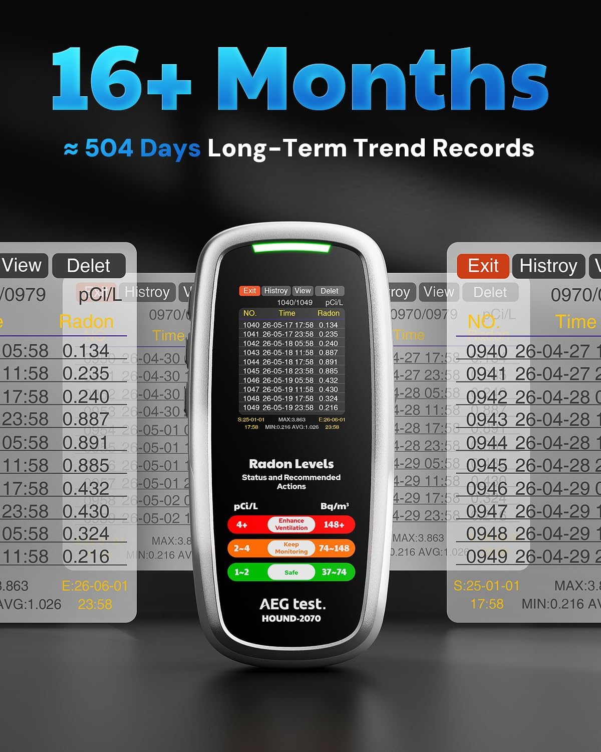 HOUND-2070 Radon Detector for Home, Tempertaure & Humidity Display, 504 Days Data Storage for Long-Term Monitoring, Rechargeable, 3-in-1 Portable Radon Tester for Basement, pCi/L or Bq/m³
