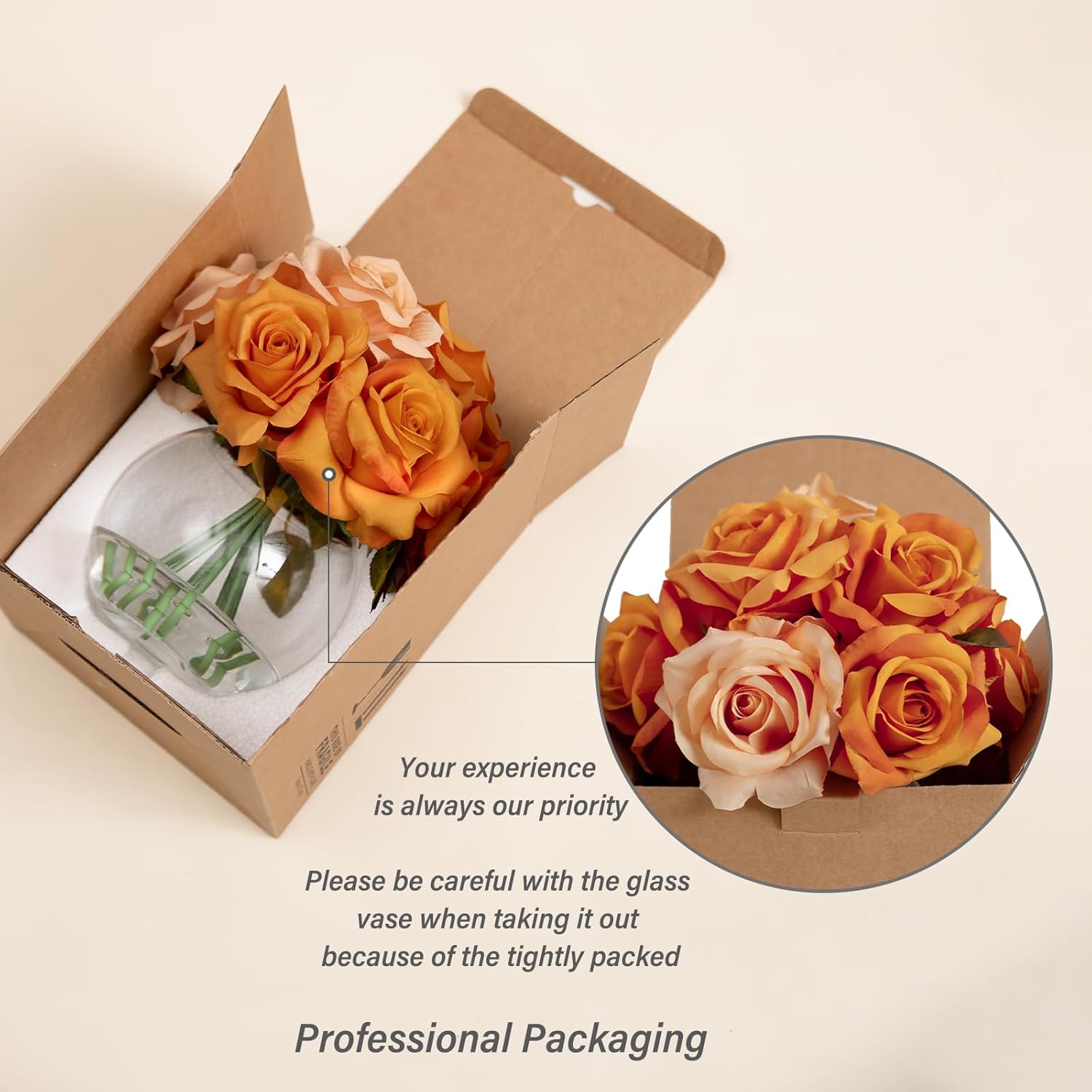 Artificial Flowers Arrangements in Vase with Faux Water, Artificial Orange Champagne Silk Rose Bouquet with Vase for Winter Spring Seasonal Home Wedding Party Centerpieces Decor & Mom's Gift - Image 5