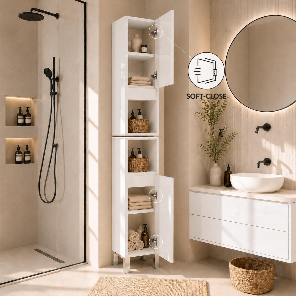 Badezimmerschrank Stehend Ariza, Hochglanz Weiß, MDF 18 mm, Soft-Close Türen, 6 Regale, 161 x 28 x 25 cm, Midischrank, Gäste WC & Bad für Kosmetik, Hängend, Links rechts