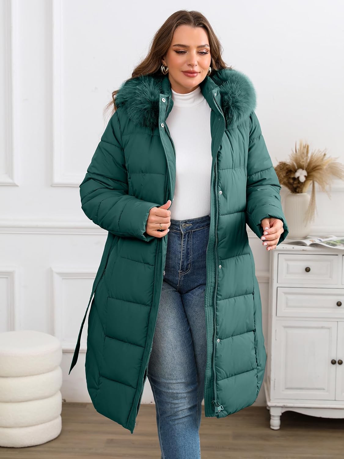 Geschallino Women Puffer Jacket Plus Size Long Parka Belted Winter Warm Hood Coat - Image 2