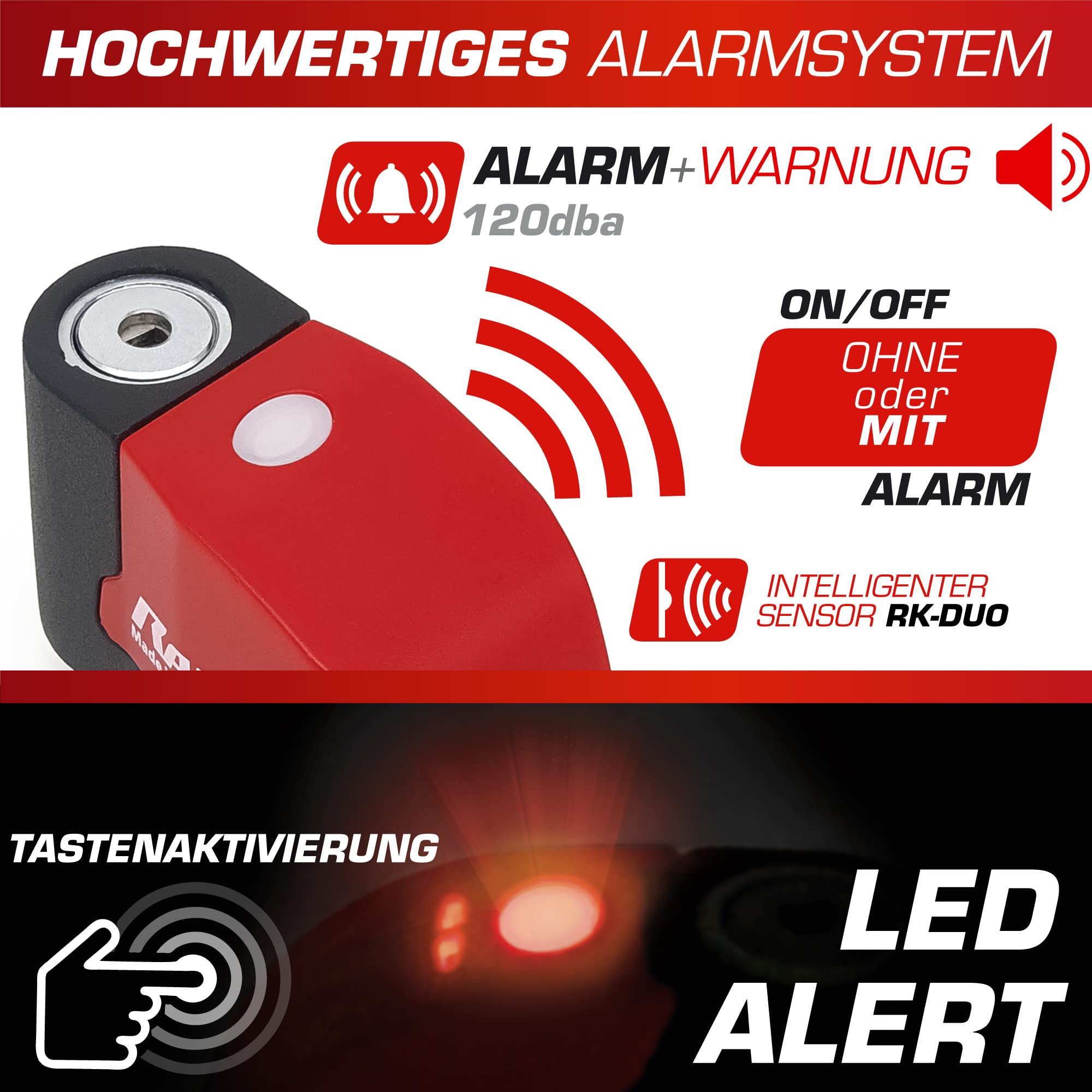 RADIKAL RK6 Bremsscheibenschloss mit Alarm 120db + Warnung, ø6, Rot, 6 mm