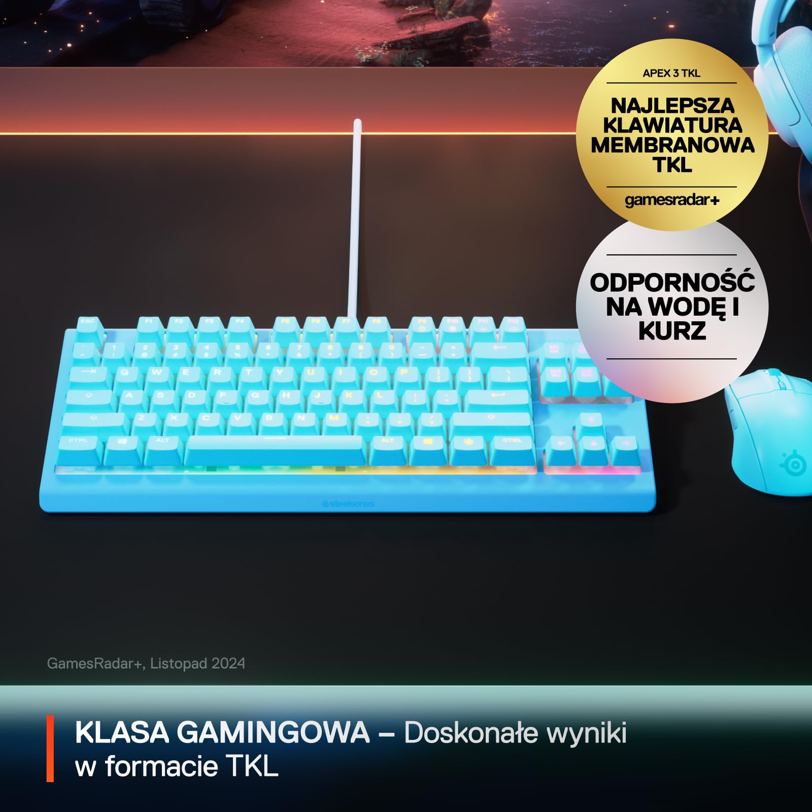 SteelSeries Apex 3 TKL Aqua RGB - klawiatura dla graczy – Obudowa bez części numerycznej – 8-strefowe podświetlenie RGB – Odporna na wodę i kurz – Niezwykle cichy przełącznik mechaniczny - US QWERTY