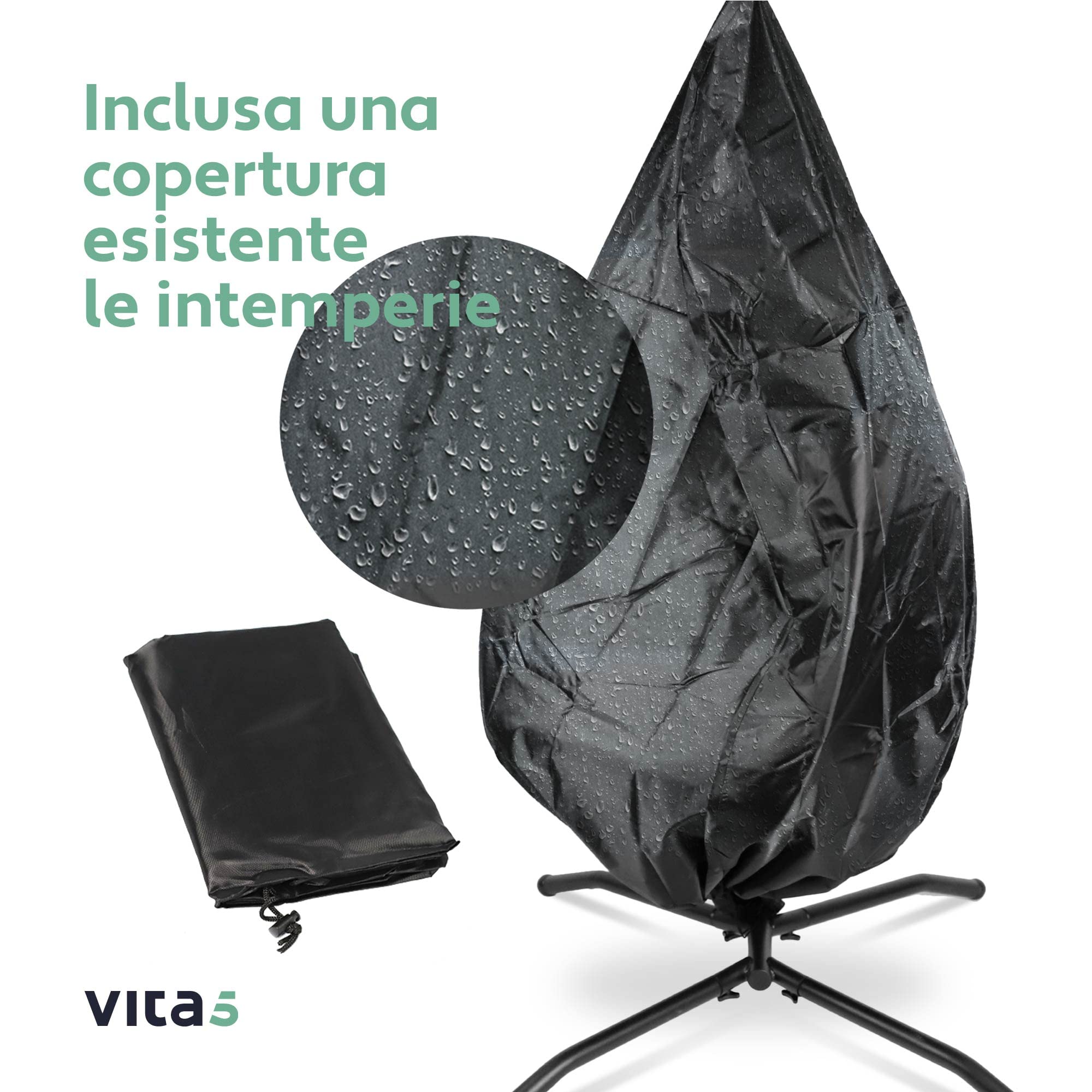 Vita5 Poltrona Sospesa da Giardino con grande Cuscino e Poggiatesta | Sedia a Dondolo con Struttura in Acciaio Capacità 150kg | Sedia Sospesa da Esterno o Interno con Supporto | Beige
