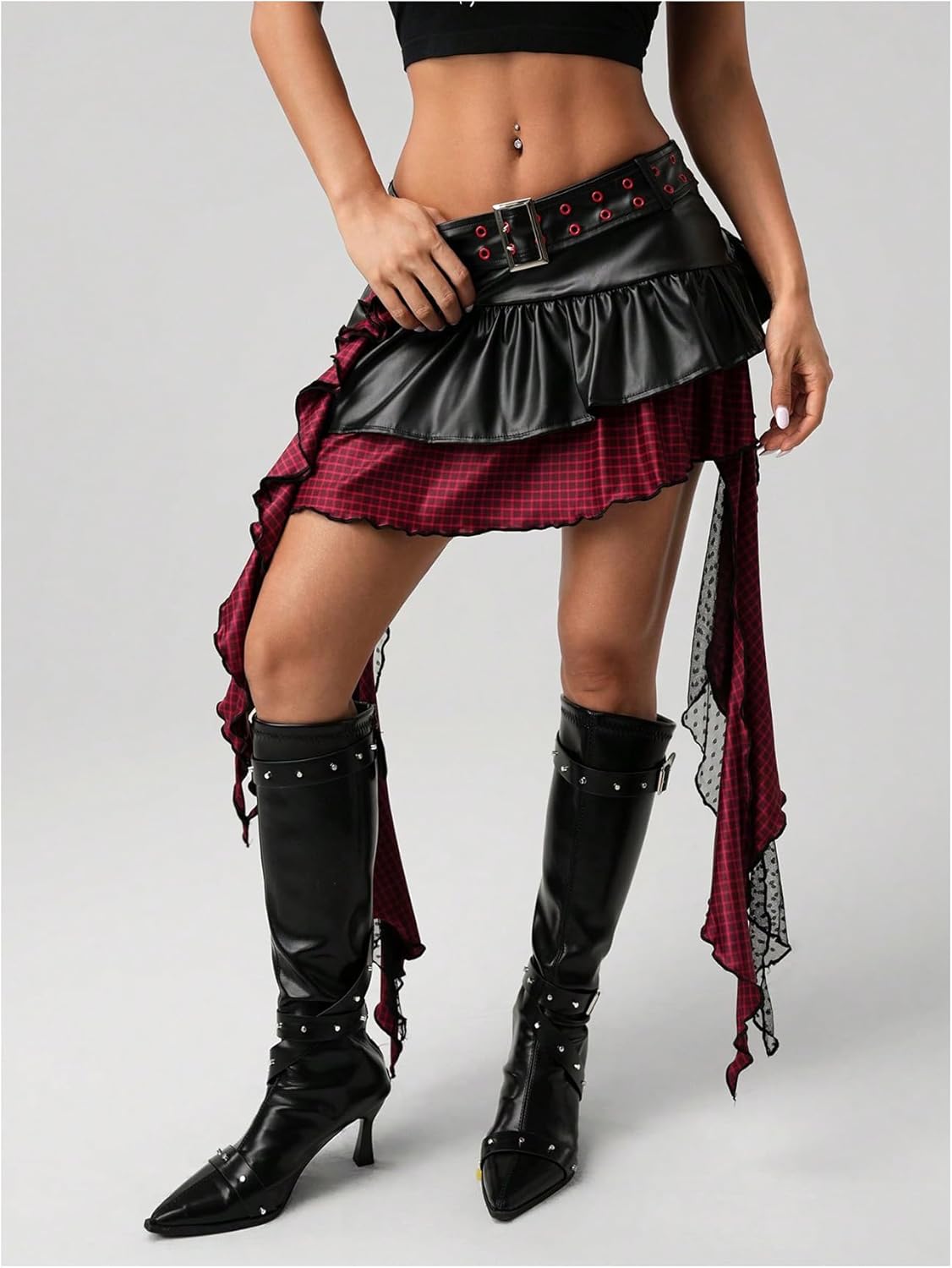 SOLY HUX Women's Plaid Ruffle Mini Skirt Y2k PU Leather Low Rise Layered Asymmetrical Hem Going Out Skirts - Image 3