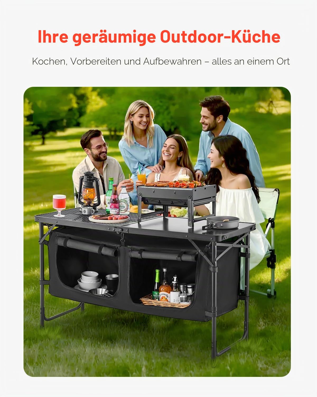 VEVOR Camping Küchentisch klappbarer Kochtisch Outdoor, 3-Fach höhenverstellbar, Aluminium, Organizer, Tragegriff, Schwarz