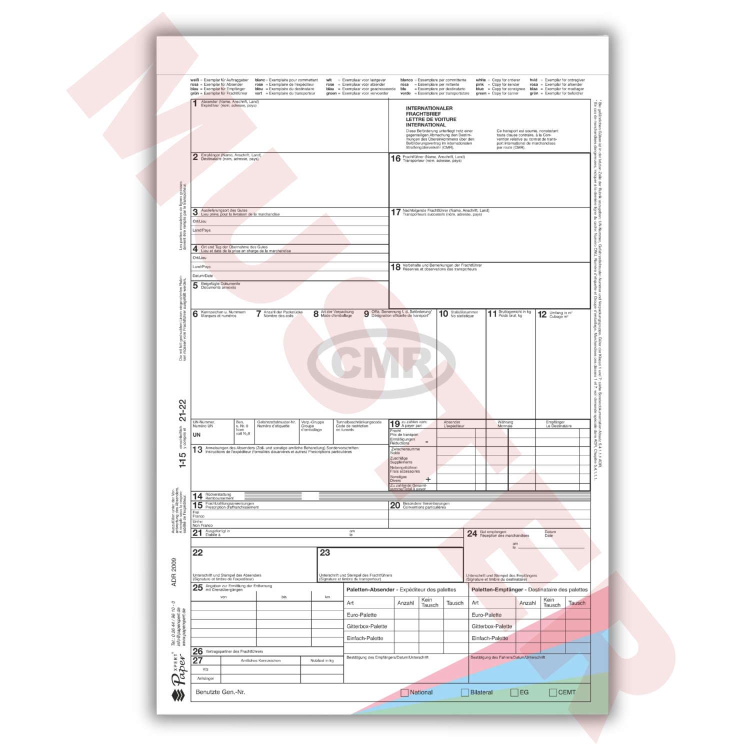 CMR Lot de 50 lettres de fret autocopiantes 4 voies pour le transport international de marchandises - Qualité supérieure - Conforme à la norme ADR - Fabriqué en Allemagne