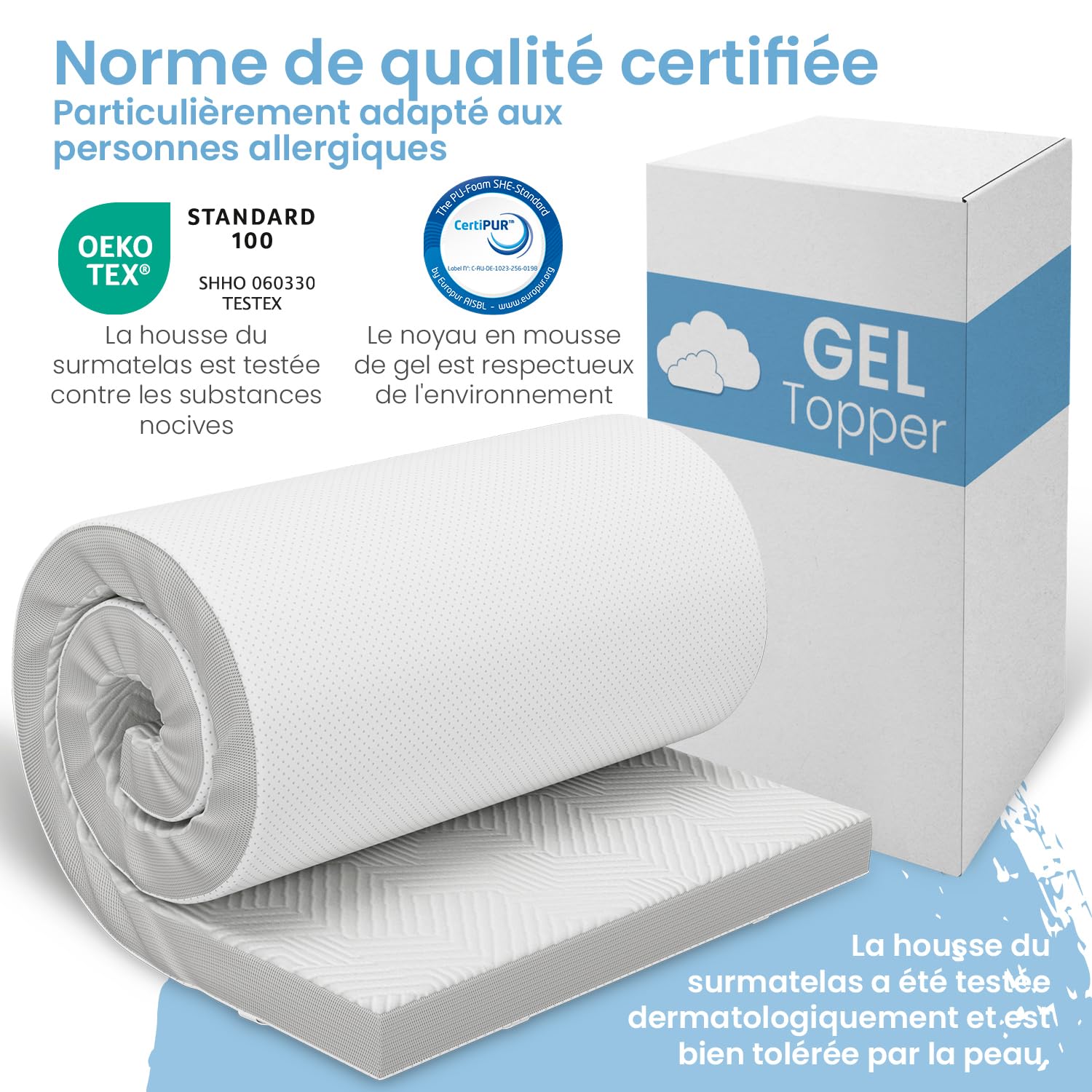 ELONEO Surmatelas en Gel 160x200cm, surmatelas en Mousse à mémoire de Forme Gel de 5 cm d'épaisseur, Housse en Maille 3D Respirante, surmatelas Confortable avec Sangles d'angle incluses