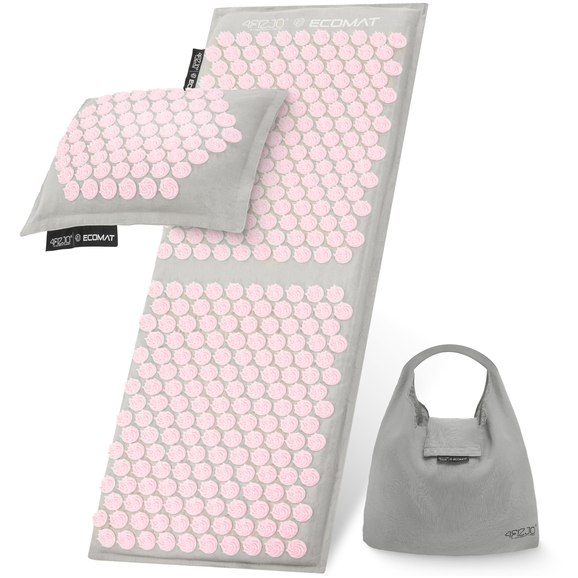 4FIZJO Akupressurmatte & Kissen ECO XL, 110x42x2 cm, mit Tragetasche, Umweltfreundliche Materialien, 9750 Stacheln, Massagematte für bessere Durchblutung, Muskeln Entspannung, Farbe: Grau und Rosa