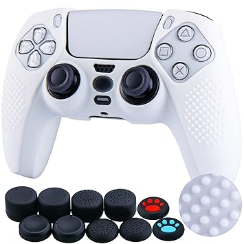 YoRHa Studded Silicone Cover Skin Case for Sony PS5 Dualsense Controller x 1(White) with Pro Thumb Grips x 10