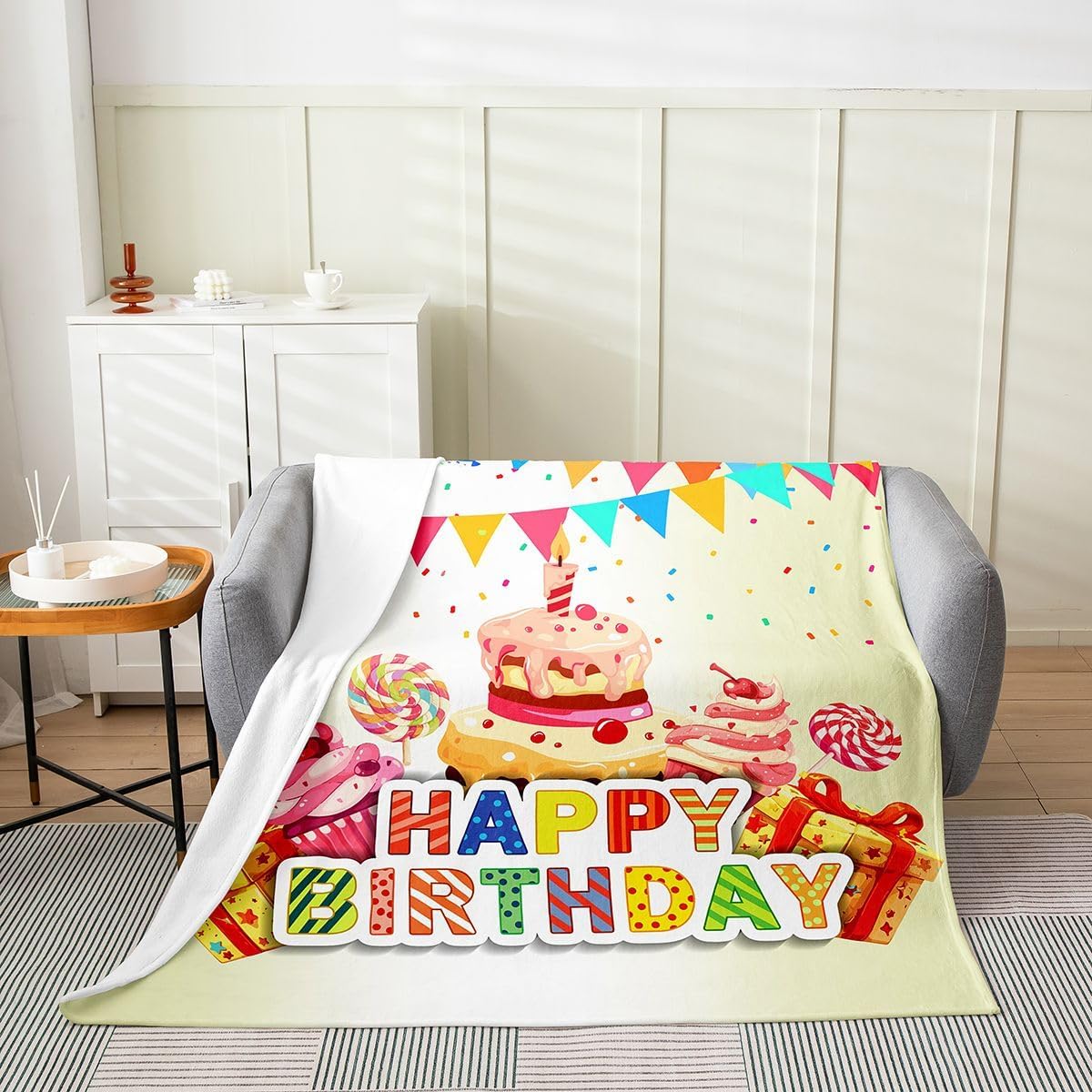 jejeloiu Happy Birthday Theme Flannel Fleece Throw Blanket for Girls Boys Kids Queen 90"x90" Balloon Print All Season Bed Blanket Room Decorative Cake Colorful Fuzzy Blanket White Plush Blanket