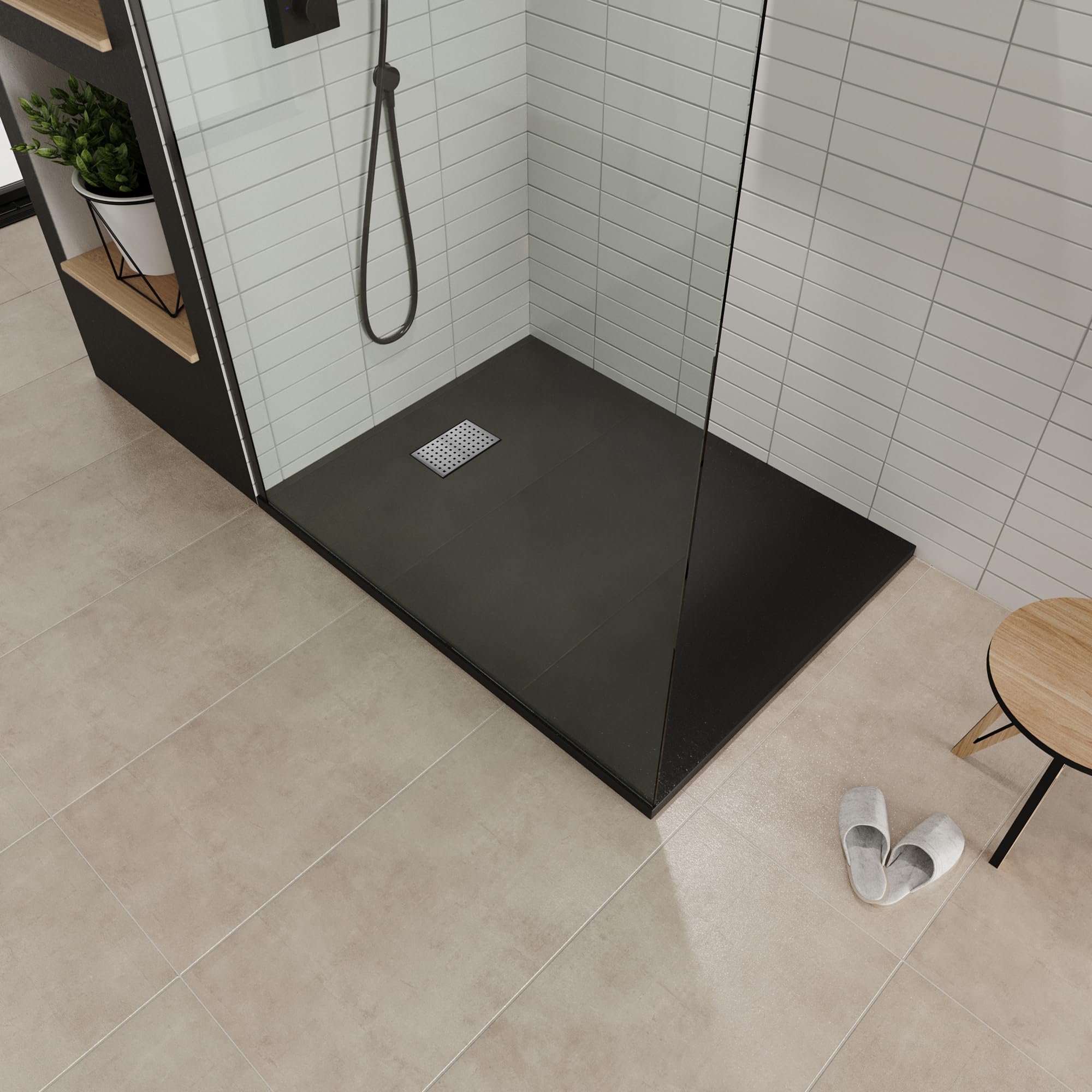 Plato de ducha 70 x 160 cm BOREAL negro RAL 7021 resina SMC extraplano 26 mm, antideslizante con tecnología GRIPSTONE, textura pizarra, válvula de desagüe y rejilla en inox
