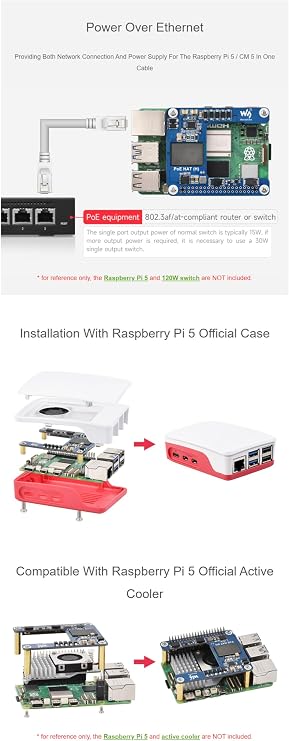 Fits Raspberry Pi 5 PoE HAT (H) - 5V 5A Output IEEE 802.3af/at Compliant Power Over Ethernet HAT for Pi 5/CM5 Compact Design Compatible with Official Case & Active Cooler