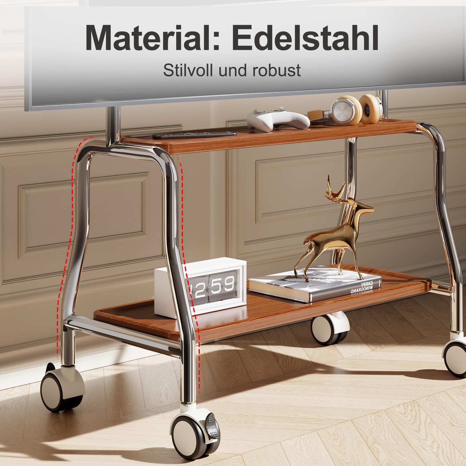 TV Ständer Rollbar für 32-75 Zoll Plasma/LCD/LED Fernseher, Mobiler TV-Ständer mit Doppelten Tablett und Lochplatte, Geeignet für Geschäfte, Wohnungen, Büros, Tragkraft 50 kg Max VESA: 600 * 400mm