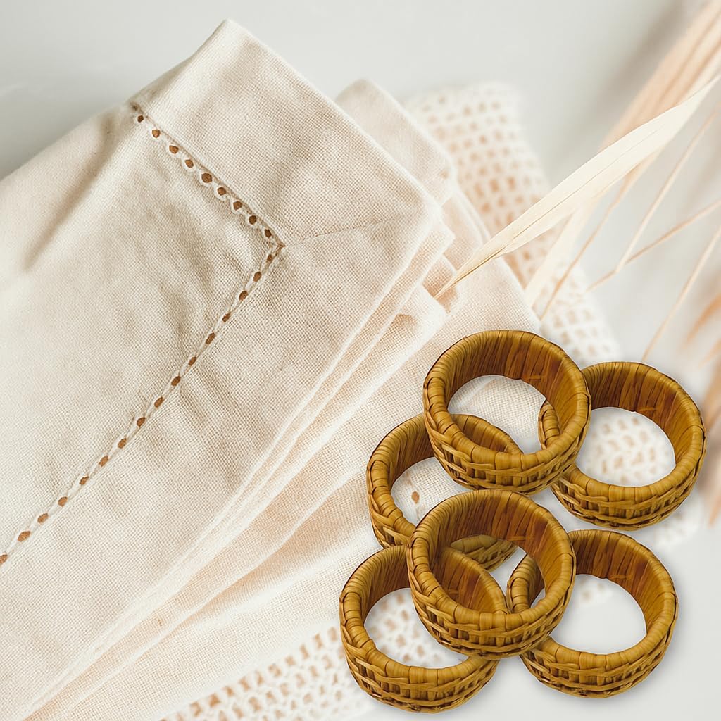 NAZANIN Handwoven Rattan Napkin Rings (Set of 6) | Boho Housewarming Gift for Home Kitchen | Rustic Wicker Napkin Holders for Dining Table Decor, Weddings, Farmhouse, Christmas & New Year's