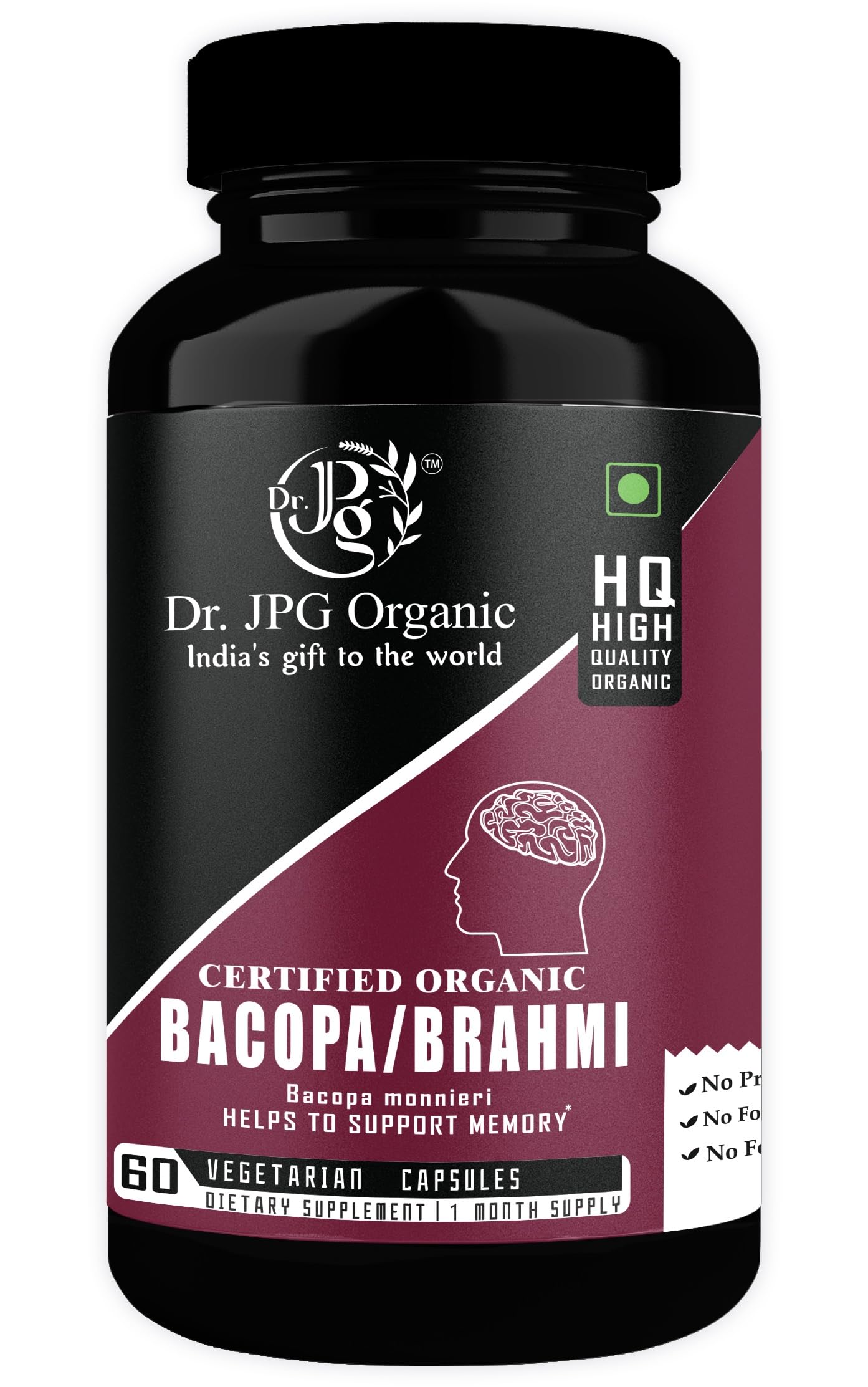 Dr. JPG Organic Bacopa 60veg Capsules for memory improvement/India Orgnaic Certified.