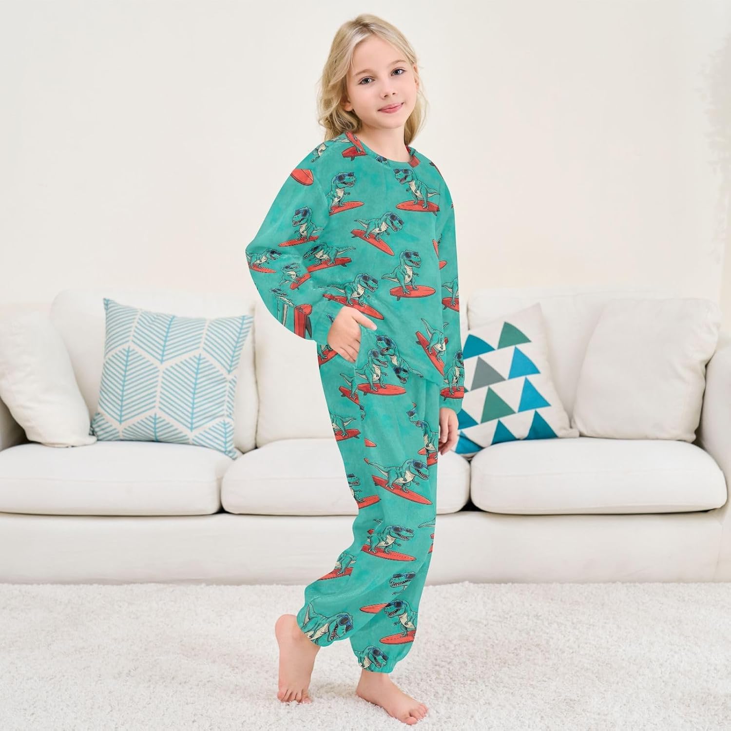 Cute Funny Dinosaurs Green Plush Pajama Set Winter 2 Piece Sleepwear Lounge Wear with Pockets