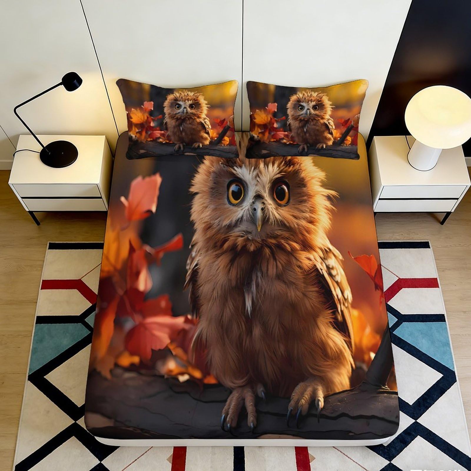 3D Printed Autumn Owl Fitted Sheet Microfiber Soft Breathable Forest Leaves Bed Cover for Bedroom Dorm Decor 90x200x25cm