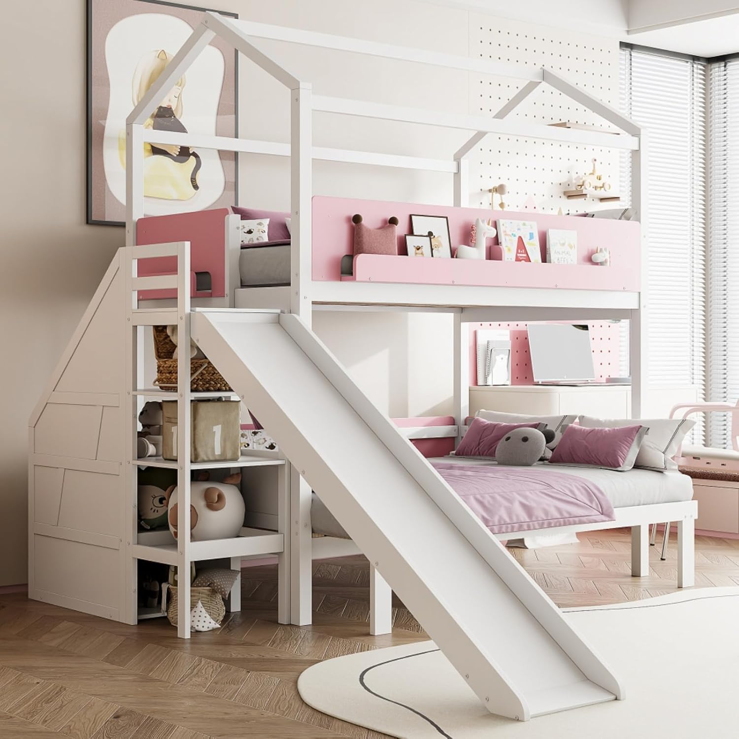 Twin Over Twin to Full Size House Bunk Bed with Slide and Storage Staircase, Wood Bunker Bed Frame with Pop-up Trundle, Safety Guardrail and Bookshelf, for Boys Girls Kids (White+Pink)