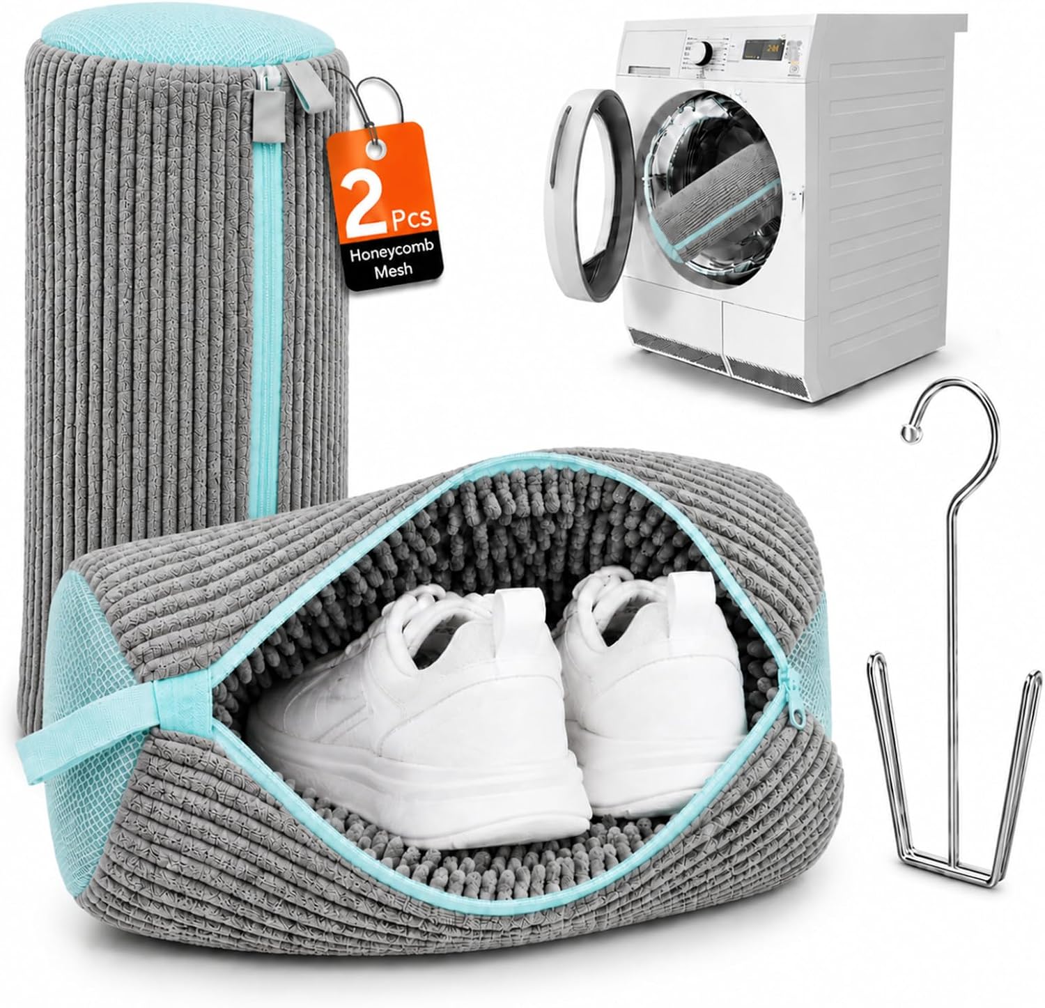 2-Pack Shoe Washing Machine Bag, Microfiber Chenille Laundry Bag for Sneakers - Self-Locking Zipper, 360° Deep Clean, Noise Reduction, Fits All Shoe Sizes, for Tennis Running & Kids Shoes