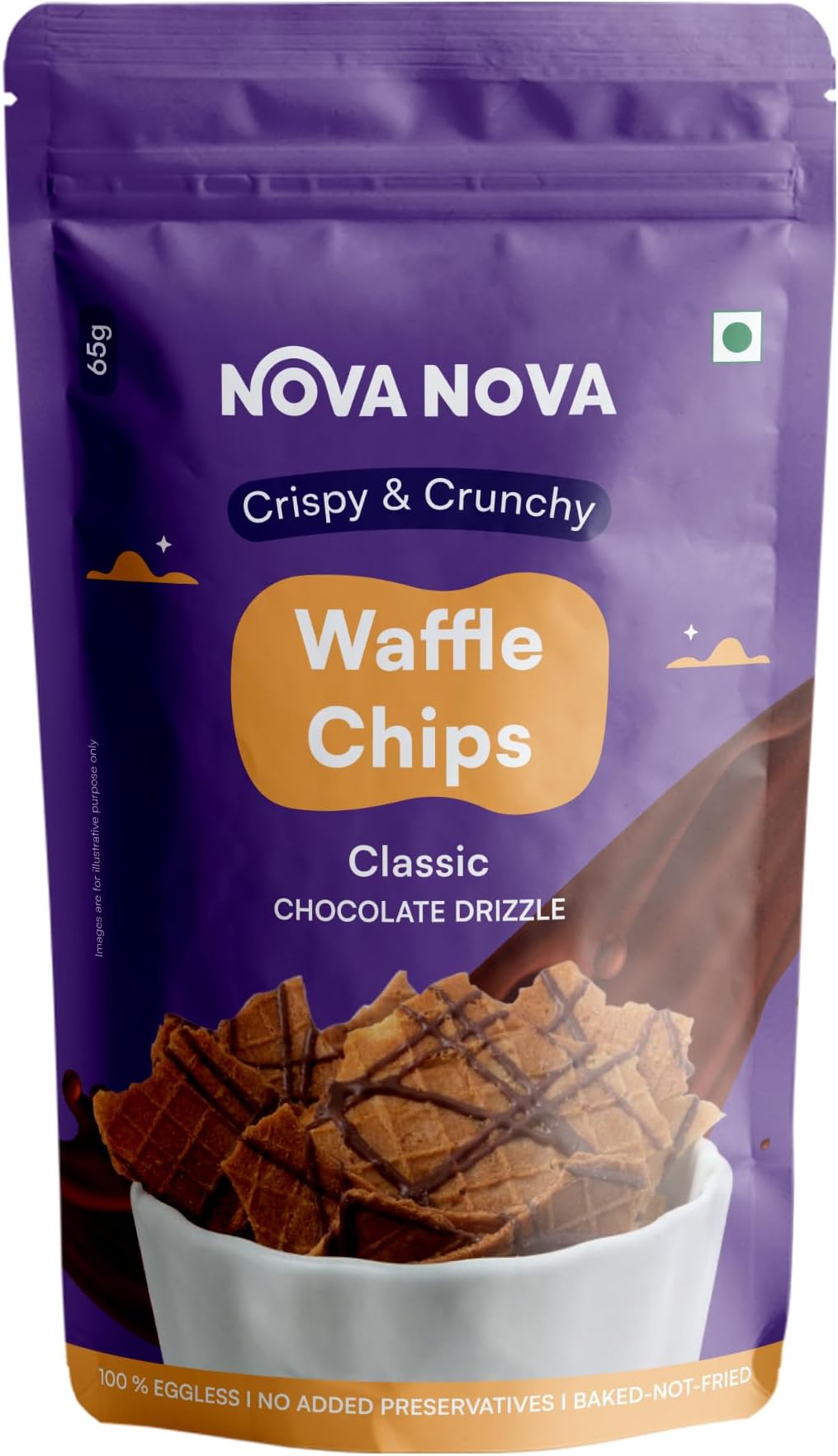 Nova Nova Waffle Chips - Classic with Chocolate Drizzle | 100% Eggless | Freshly Baked | Pack of 2 (130g)