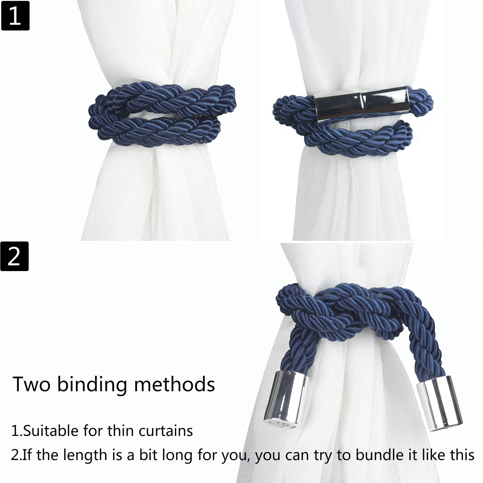 Lot de 6 embrasses de rideaux magnétiques solides - Bleu marine - 50 cm - Attaches pratiques pour rideaux fins ou épais avec crochets en métal - Légèrement lourdes