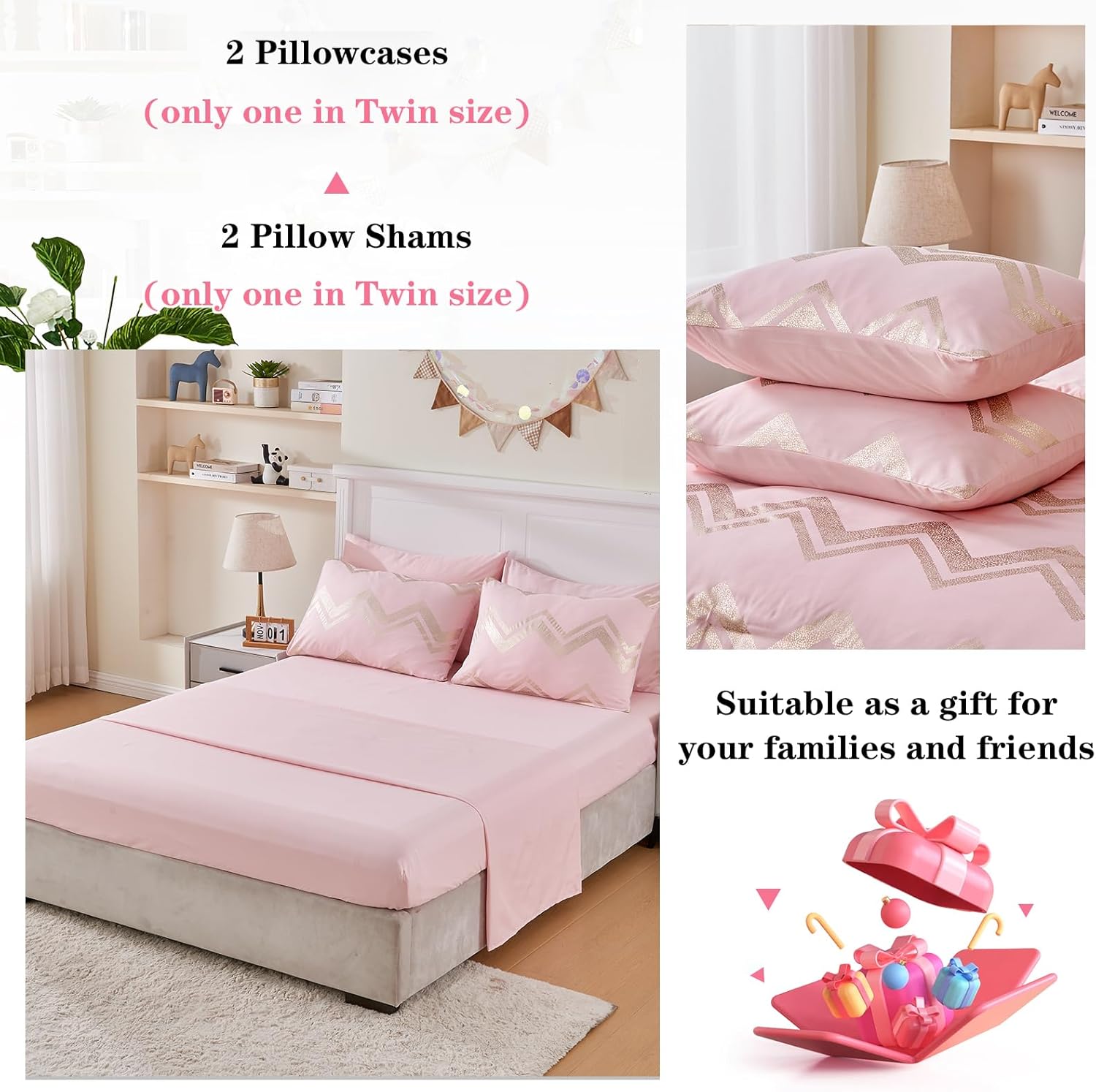 Wowelife Twin/Twin XL Comforter Set for Girls Kids, Twin Bedding Sets for Girls 5 Pieces Pink Gold Glitter Foil Bed in A Bag with Comforter, Flat Sheet, Fitted Sheet, 1 Pillow Sham and 1 Pillowcase | Twin Comforter, pink twin comforter, Twin Bedding Sets, Gold Glitter Bed, 5 Piece Comforter, For Girls Kids - Image 9