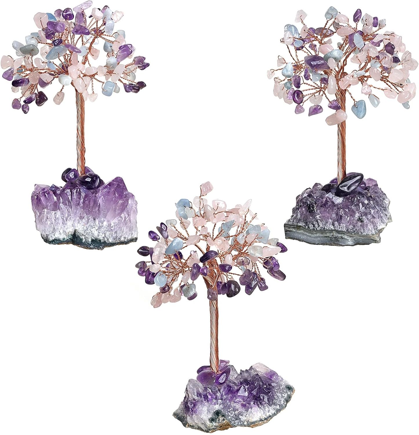 Nupuyai Natural Crystal Money Trees with Amethyst Cluster Base, Decorative Crystal Stone Figurine for Desk Home Office Decor, Tricolor
